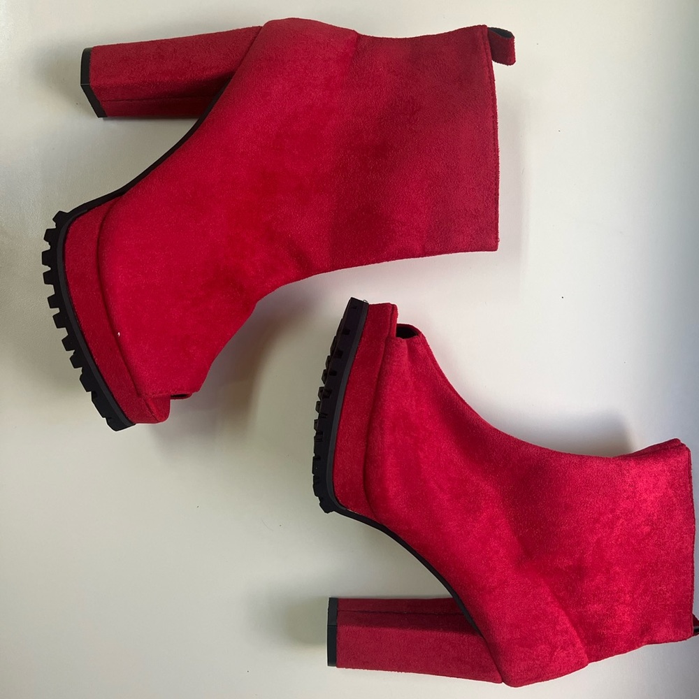 - no label red suede
peep toe ankle boots with chunk heel and tread